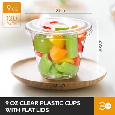 Turbo Bee 120 Pack 9 OZ Clear Plastic Cups with Flat Lids, Disposable Dessert Cups with Lids for Fruit, Snack Smoothie, Pudding and Ice Cream (No Hole) - Image 2