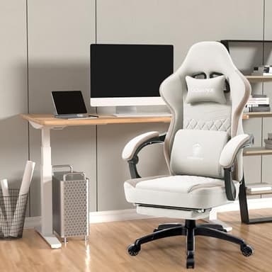 Dowinx Gaming Chair Breathable Fabric Computer Chair with Pocket Spring Cushion, Comfortable Office Chair with Gel Pad and Storage Bag,Massage Game Chair with Footrest,Beige - Image 2