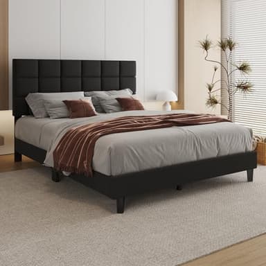 Lifezone Queen Bed Frame with Headboard Linen Upholstered Bed Frame with Wood Slats Support,No Boxing Needed,Heavy Duty Feet,Button Tufted Design,Easy Assembly,Dark Grey - Image 3