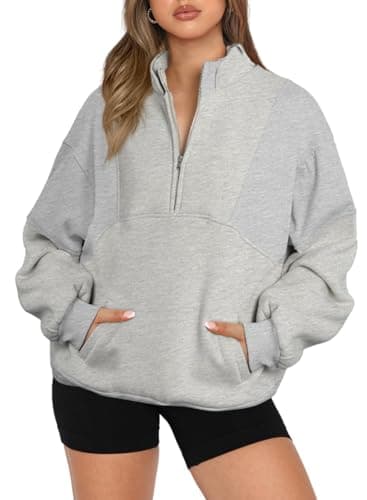 BLENCOT Half Zip Oversized Sweatshirts For Women Long Sleeve Fleece Trendy Cropped Pullover Workout Warm Tops With Pockets M Gray - Image 1