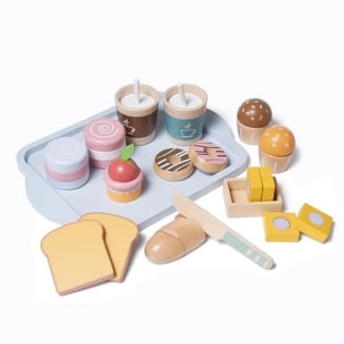 MONT PLEASANT 21pcs Wooden Breakfast Set Kids Pretend Play Toy Kitchen Accessories, Toddler Kitchen Playset with Coffee, Dessert, Cutting Bread, Butter, Wooden Toy Food Set Boys & Girls Birthday Gift - Image 1