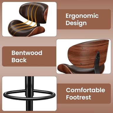 YaFiti Swivel Bar Stools for Kitchen Counter, Adjustable Bentwood Barstools, Modern PU Leather Upholstered Bar Stool with Back and Footrest, for Bar, Kitchen, Dining Room (Brown 1PCS) - Image 4