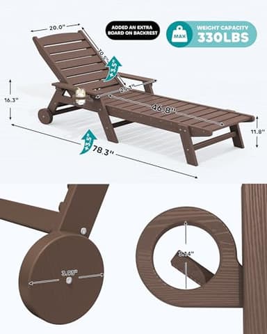 SERWALL Patio Chaise Lounge Chair Set of 2, 78'' Long 5-Positions Adjustable HDPE Outdoor Lounger for Pool, Poly Lounge Chair with Rolling Wheels & Cup Holder for Poolside, Deck, Coffee Brown - Image 3