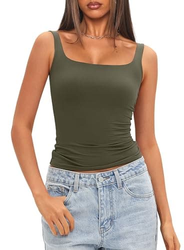 Darong Women Double Lined Square Neck Tank Top Basic Cami Shirt Built in Bra 9208 Army Green L - Image 5