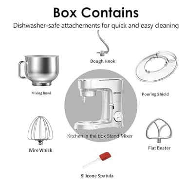 Kitchen in the Box Stand Mixer, 900W 8.5 QT Kitchen Electric Mixer, 10-Speed Large Capacity Tilt-head Food Mixer with Dough Hook, Wire Whip, Flat Beater & Splash Guard (White) (Renewed) - Image 7