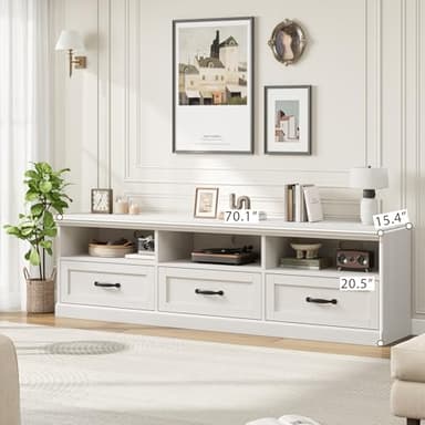 GarveeHome TV Stand for 65/70/75 Inch TV, Entertainment Center with Storage Drawer, Mid-Century Modern TV Console with Open Shelves, 70in Media TV Cabinet for Living Room, Bedroom, Antique White - Image 6