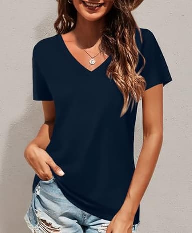 Elesomo Women Short Sleeve Tops for Summer Vneck Cotton Tee Shirt, Navy Blue S - Image 6