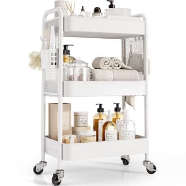 TOOLF 3 Tier Rolling Cart Storage Organizer, Metal Rolling Utility Cart with Wheels, Hooks & Bins Esthetician Craft Art Sturdy Storage with Pegboard for Bathroom, Kitchen, Office, Nursery Diaper - Image 1