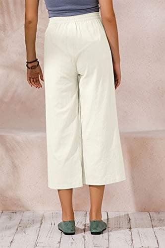 Womens Cotton Cropped Pants Loose Fit Wide Leg Capri Casual Plus Size Elastic Waist Trousers White 3XL - Image 3