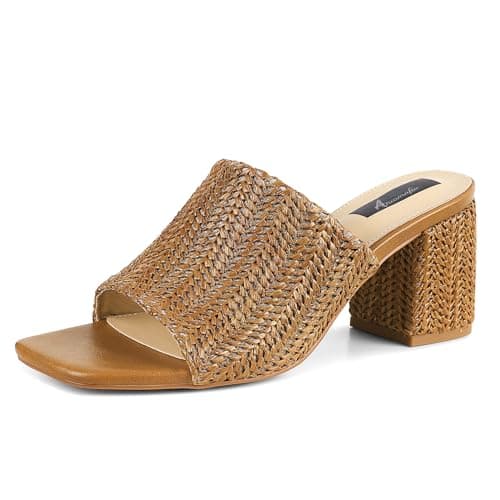 Ancomafio Women's Heeled Sandals Raffia Heels Square Open Toe Heels Backless Mules Slip On Block Heels Brown Size 8.5 - Image 1