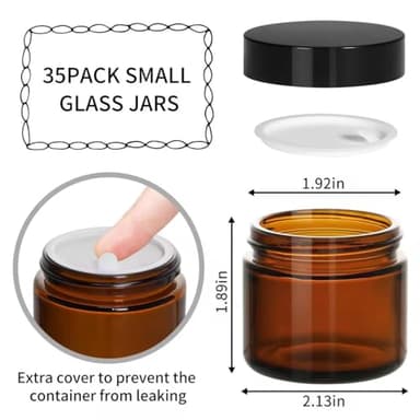KEYWING 2oz Small Glass Jars, 35 Pack Amber Glass Cosmetic Jars with Black Lids, Round Sample Container with Inner Liners for Cream, Lotions, Powders and Ointments - Image 2