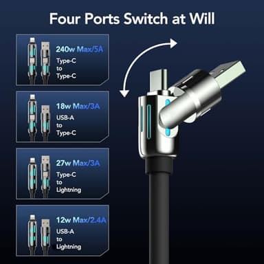 MFish 4-in-1 Universal USB Charging Cable with Carrying Case – 240W Max Fast Charger Cord, USB-A, Dual USB-C & Lighting, for iPhone 14/15/16/17 Series, iPad & MacBook and More(Black, 6.6Ft) - Image 2