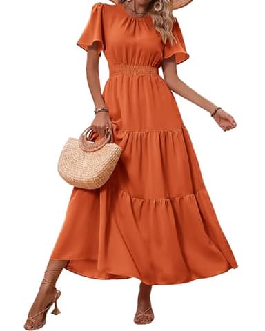 PRETTYGARDEN Woman Summer Clothes Casual Short Sleeve Maxi Dress Plain Soft Business Work Dresses 2025 Trendy(Solid Orange,Large) - Image 1