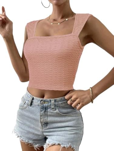 SKYAS Womens Cute Square Neck Ruched Going Out Crop Y2K Tank Tops Basic Trendy Summer Fitted Top Pink L - Image 1
