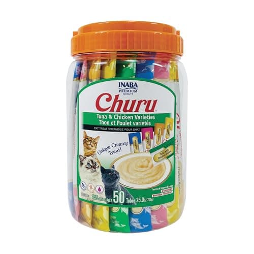 INABA Churu Cat Treats, Grain-Free, Lickable, Squeezable Creamy Purée Cat Treat/Topper with Vitamin E & Taurine, 0.5 Ounces Each Tube, 50 Tubes, Tuna & Chicken Variety - Image 1