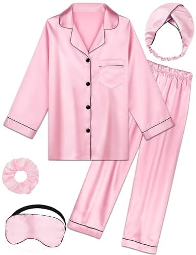ALHAVONE Kids Girl Pajama Set with Headband Blindfold Hair Tie Toddler Boy Girl Satin Silky Button-up Pajama Sleepwear (Pink-long, 150) - Image 1