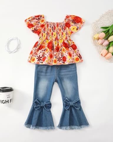 Baby Girl Clothes 12 18 Months Infant Spring Summer Outfits 12 Month Girl Clothes Short Sleeve Orange Sunflower Square Neck Smocked Shirt Bell Bottom Denim Pants Flare Jeans Clothing - Image 2