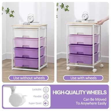 Utility Cart with 4 Drawers,Rolling Storage Cart with Drawers,Storage Rolling Drawer Cart with Wooden Tabletop for Bedroom,Kid's Room,Dorm,Classroom,Office, Purple - Image 6