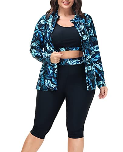 Hanna Nikole Women's Plus Size 3 Piece Rash Guard Swimsuits Long Sleeve Swimwear for Surfing Blue Leaf 24W - Image 1