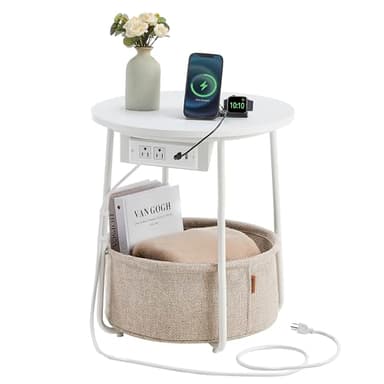 VASAGLE LILEA Collection - Side Table with Charging Station, Round End Table with Fabric Basket, Nightstand with USB Ports, for Living Room, Bedroom, Modern, Matte White and Camel Brown ULET228W01 - Image 1