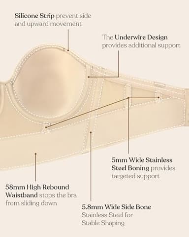 HSIA Longline Strapless Bra for Women, Anti-Slip Support Corset for Large Bust Convertible Bustier Bandeau for Big Breasts Beige - Image 7