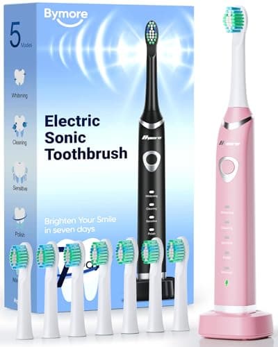 Bymore Electric Toothbrush for Adults,Travel SonicToothbrush with 8 Replacement Heads, Ultra Clean RechargeableToothbrush Portable Electric Toothbrush-Pink - Image 1