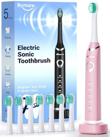 Bymore Electric Toothbrush for Adults,Travel SonicToothbrush with 8 Replacement Heads, Ultra Clean RechargeableToothbrush Portable Electric Toothbrush-Pink - Image 1