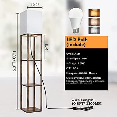 RUNTOP Floor Lamp with Shelves, Modern Shelf Lamp for Display Storage, 3 Color Temperature Wood Narrow Standing Corner Lamp with 8W Bulb for Living Room Decor, Bedroom, Office, Home Decor(Brown) - Image 7