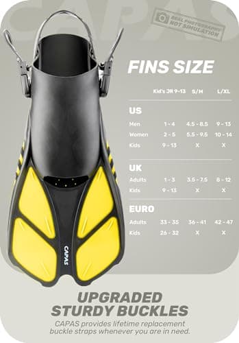 CAPAS Snorkel Fins, Swim Fins Travel Size Short Adjustable for Snorkeling Diving Adult Men Women Kids Open Heel Swimming Flippers (Yellow, L/XL (US Men 9-13 / Women 10-14)) - Image 2