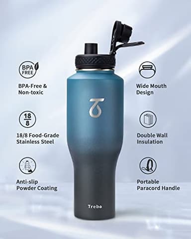 Trebo 40 oz Water Bottle Insulated Fit in Any Car Cup Holder,Triple Wall Vacuum Insulated Water Bottle (Cold for 48 Hrs, Hot for 24 Hrs),Leakproof Stainless Steel Tumbler Flask with Paracord Handle - Image 5