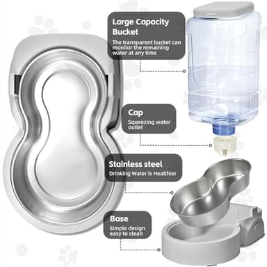 HWONMTE Portable Automatic Cat Feeder and Water Dispenser with Stainless Steel Bowl Dog Gravity Food Feeder and Waterer for Small Medium Pets Puppy Kitten 1 Gallon x 2 (Silver Gray) - Image 4