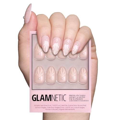 Glamnetic Press On Nails - Honeymoon | Short Almond Nude Fake Nails with 3D Nail Art and Glossy Velvet Finish, Salon Quality | 15 Sizes - 30 Nail Kit with Glue - Image 1