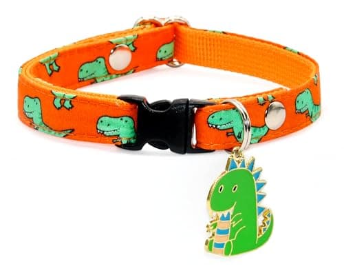 Cat Collar with Dino Charm, Vitality Orange & Green Dinosaur Pattern, X-Small (8" - 13")