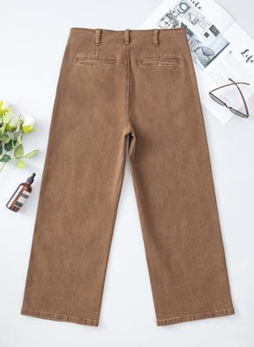 Sidefeel Women's Wide Leg Jeans High Waisted Stretchy Zimbaplatinum Straight Leg Jeans Buttoned Loose Denim Pants with Pocket Brown Size 14 - Image 6