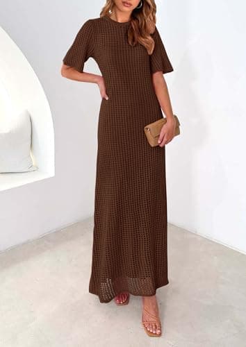 PRETTYGARDEN Womens Eyelet Cover Up Dress 2025 Summer Vacation Resort Maxi Dresses Beach Short Sleeve Hollow Out Sundress (Brown,Medium) - Image 6