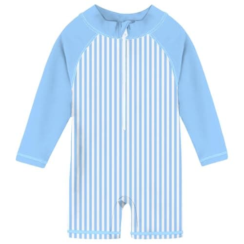 uideazone 2t 3t Toddler Boys Swimsuit Light Blue Striped Long Sleeve One Piece Swimwear Beach Zipeer Bathing Suits - Image 1