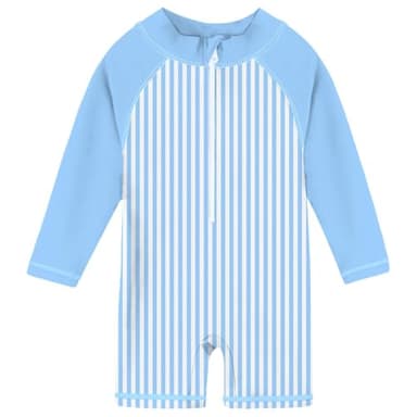 uideazone 2t 3t Toddler Boys Swimsuit Light Blue Striped Long Sleeve One Piece Swimwear Beach Zipeer Bathing Suits - Image 1