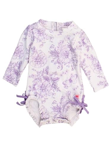 RuffleButts Baby Girls UPF 50+ Sun Protection Floral Printed Long Sleeve One Piece Rash Guard Swimsuit with Zipper - Wisteria Purple Butterfly Garden Toile, 3-6m - Image 1