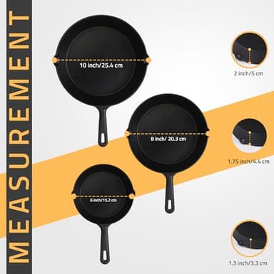 Utopia Kitchen Cast iron Skillets 3 Piece Set, Chefs Pan, Pre Seasoned Cast iron Skillets, 6, 8 & 10 Inches, Easy Use in the Oven, Stove, Grill, or Campfire, Black - Image 3