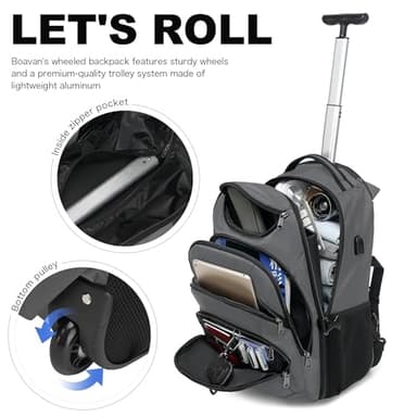 Boavan Rolling Backpack,17 inch Water Resistant Wheeled Backpack,Carry on Luggage Business Bag, Overnight College Computer bag Trolley Suitcase for Men Women Adults to Travel，Grey - Image 6