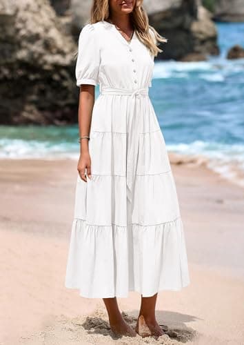 PRETTYGARDEN Summer Dresses for Women 2025 Elegant Classy Short Sleeve V Neck Ruffle A Line Belted Long Beach Vacation Dress (White,Small) - Image 7