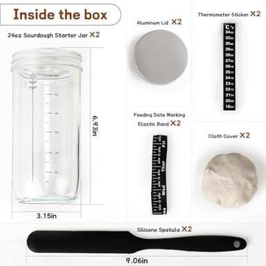DWTS DANWEITESI Sourdough Starter Jar with Date Marked Feeding Band, Thermometer, Sourdough Fermentation Jar Scraper, Sewn Cloth Cover & Aluminum Lid, Sourdough Starter Kit Reusable(2pcs/24oz) - Image 2