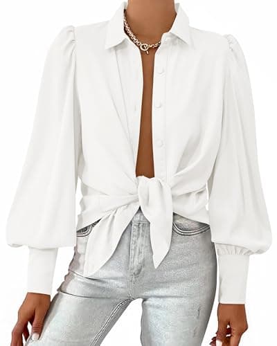 BTFBM Women Fashion Button Down Shirts V Neck Printed Solid Boho Long Sleeve Blouses Dressy Casual Summer Fall Tops(Solid White, Large) - Image 1