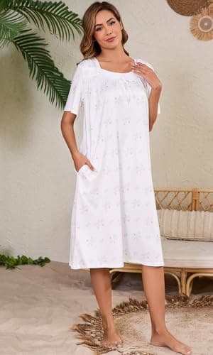 Kabento Short Sleeve Houe Dresses for Women with Pockets, White Pink Flowers, Large - Image 7