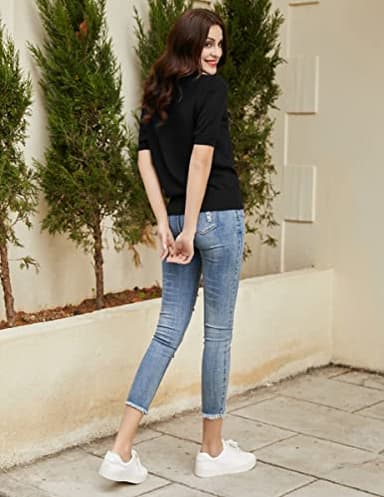 Kate Kasin Women Lapel Knitted Pullover Sweater Short Sleeve Lightweight Ribbed V-Neck Casual Loose Tops Black M - Image 4