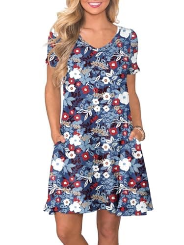 lionstill Women's Casual T Shirt Dress Summer Fashion Short Sleeve Swing Floral Dresses with Pockets, Mixed Flowers Pale Blue XL - Image 1