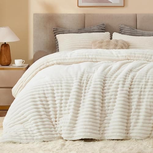 BEDELITE Fleece Queen Comforter Set -Super Soft & Warm Fluffy Cream White Bedding, Luxury Fuzzy Heavy Bed Set for Winter with 2 Pillow Cases - Image 1
