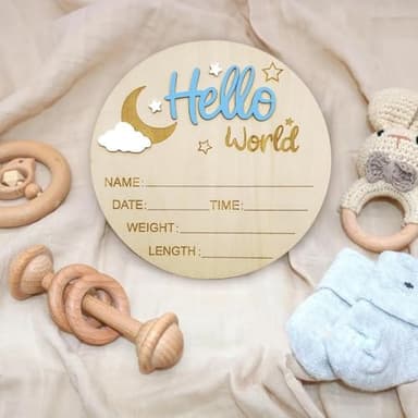 Baby Announcement Sign, 5.9 Inch Wooden Hello World Newborn Signs, Birth Announcement Sign and Pen, Moon and White Cloud Decoration, Welcome Newborn Arrival to World, Hospital Nursery for baby (Blue - Image 4