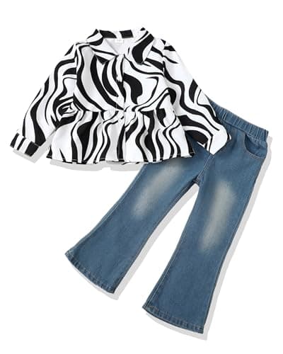 XUANHAO Girls' Cute Clothes - Size 6-7 Long Sleeve Zebra Striped Shirt & Denim Flared Pants Sets for Kids - Image 1