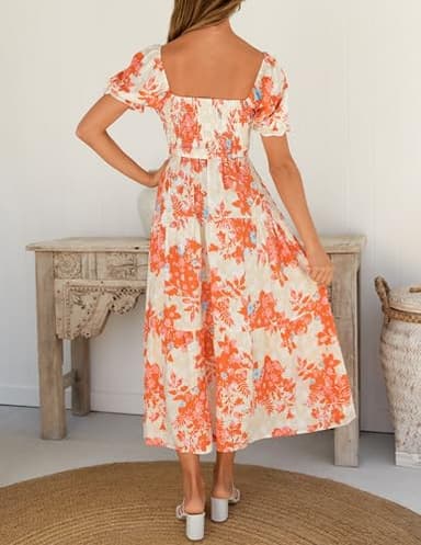 ZESICA Women's 2025 Summer Boho Floral Print Square Neck Ruffle Swing Beach Long Maxi Dress,Tangerine,Medium - Image 4